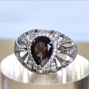 925 Sterling Silver Ring Sz 7 With Natural Smoky Quartz & CZ